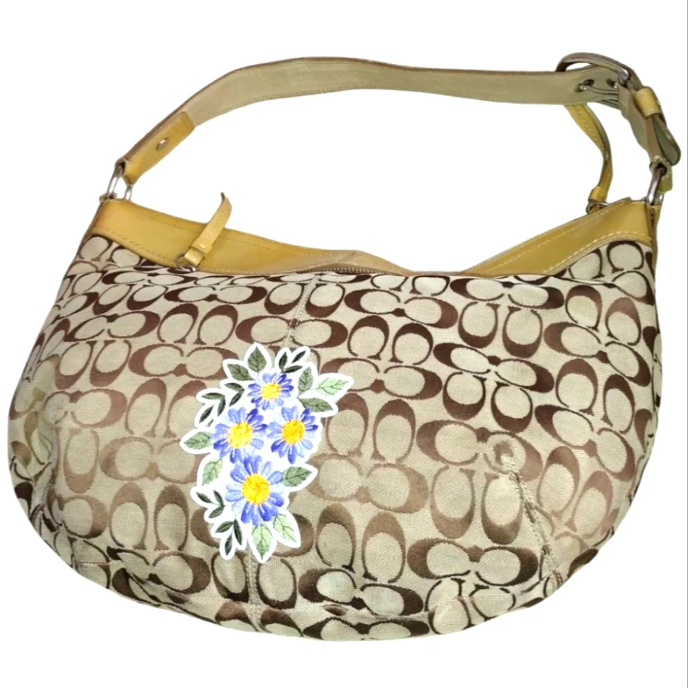 Large Coach Jacquard & Patent Leather Shoulder Bag Floral Applique Tan Yellow